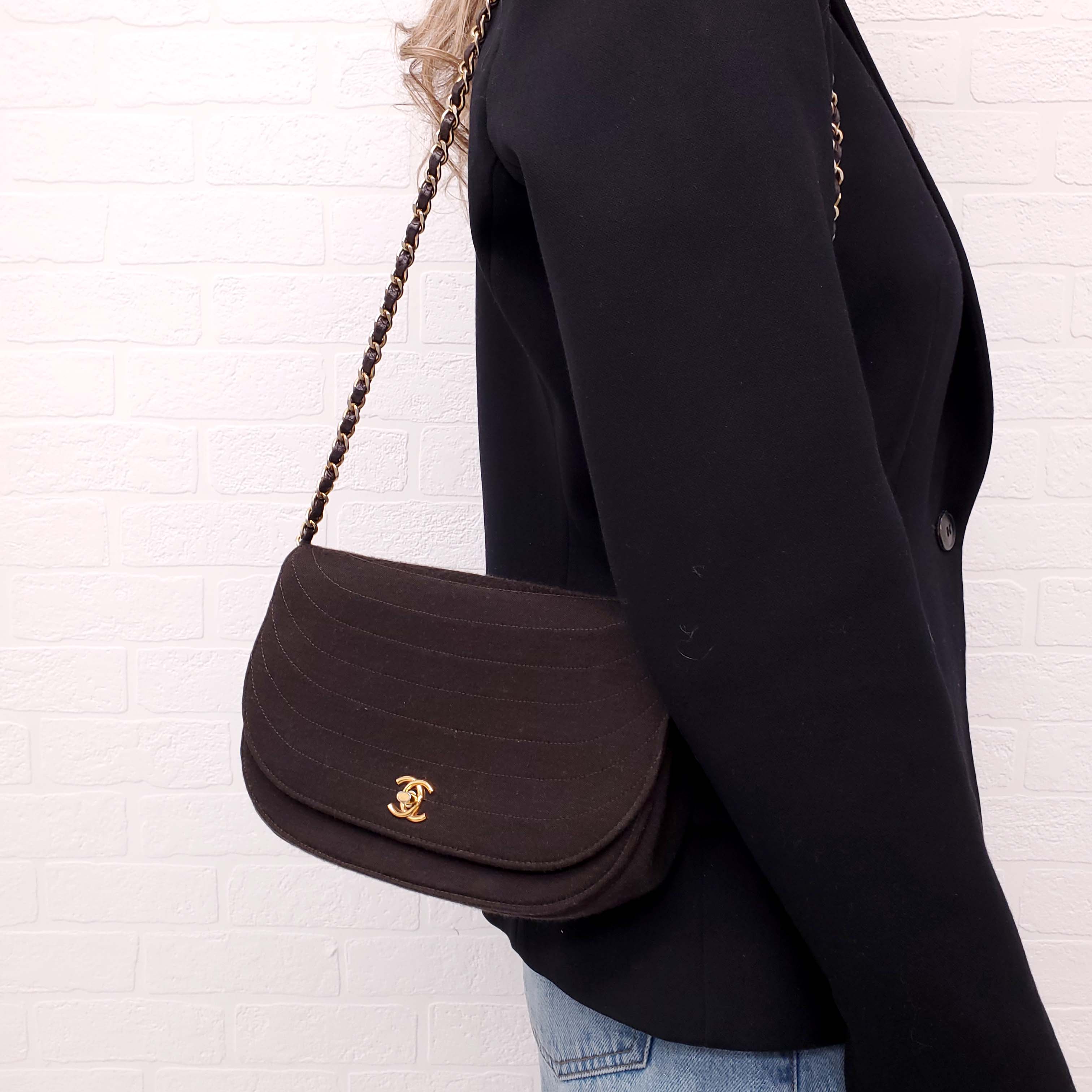 CHANEL VINTAGE BLACK FABRIC HALF MOON BAG