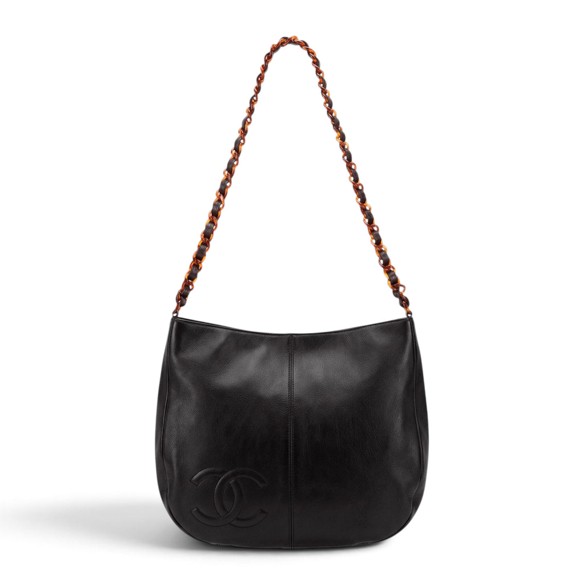 CHANEL VINTAGE BLACK LEATHER CC CROSSBODY WITH TORTOISE CHAIN