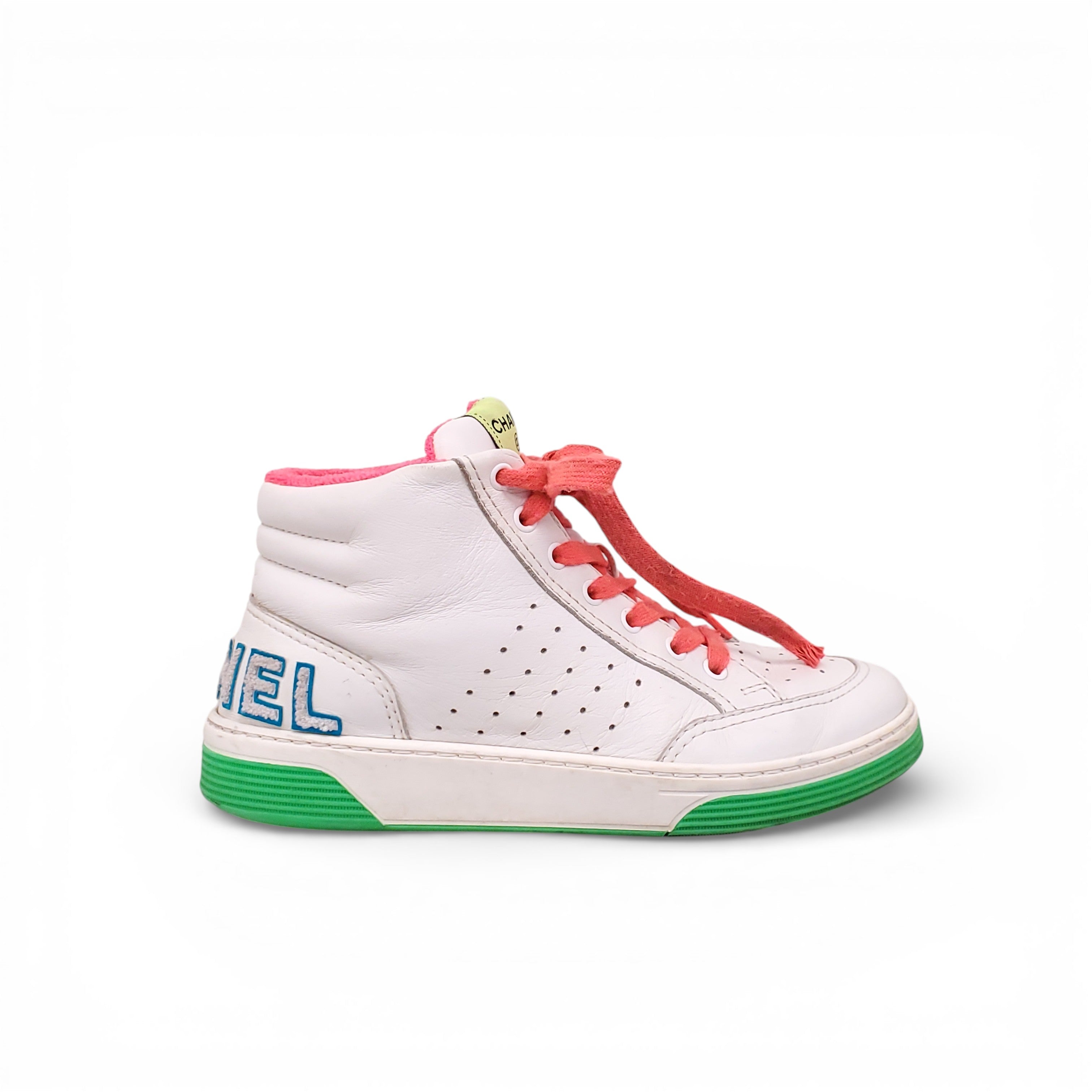 CHANEL WHITE AND NEON LOGO HIGH TOP SNEAKERS - SIZE 39.5