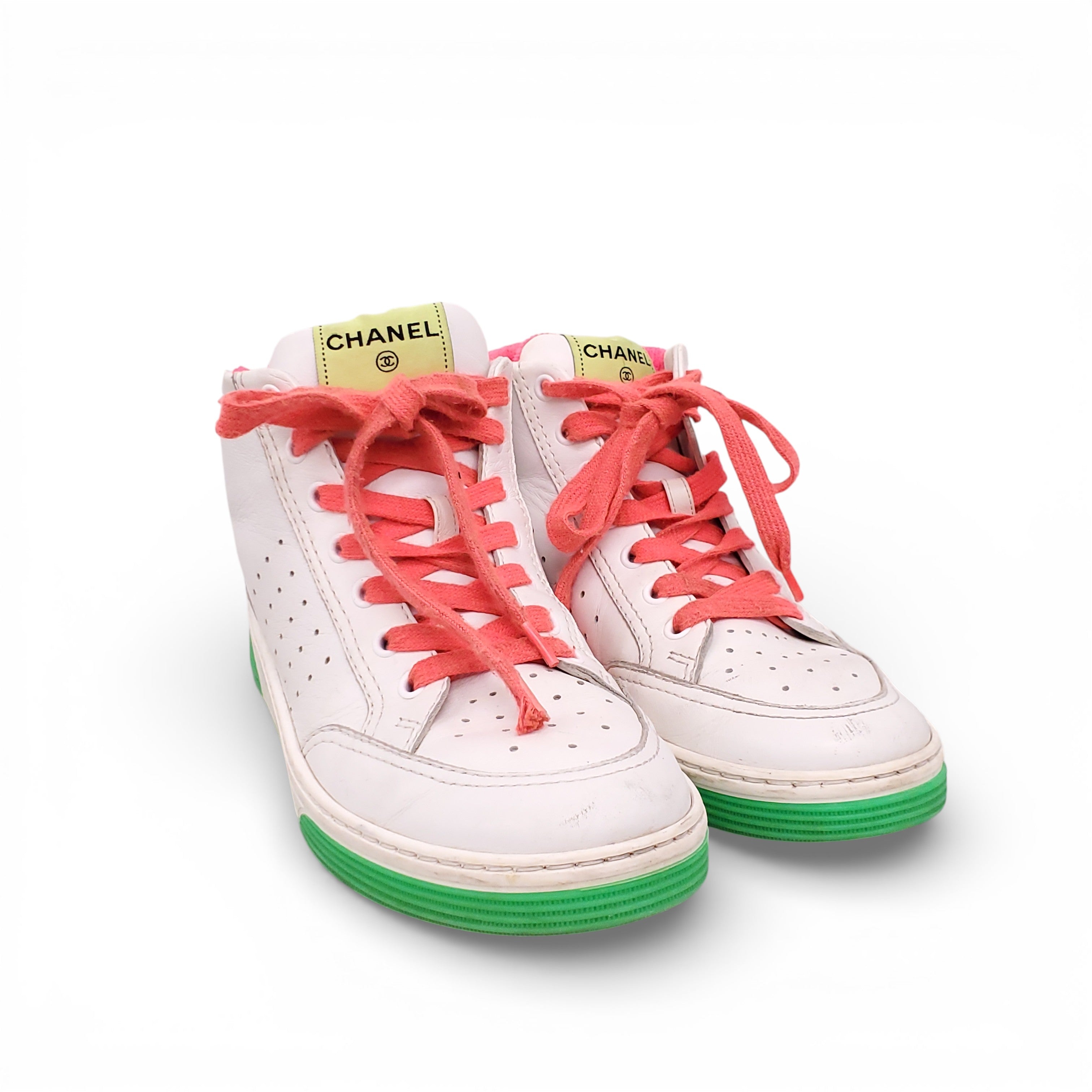 CHANEL WHITE AND NEON LOGO HIGH TOP SNEAKERS - SIZE 39.5