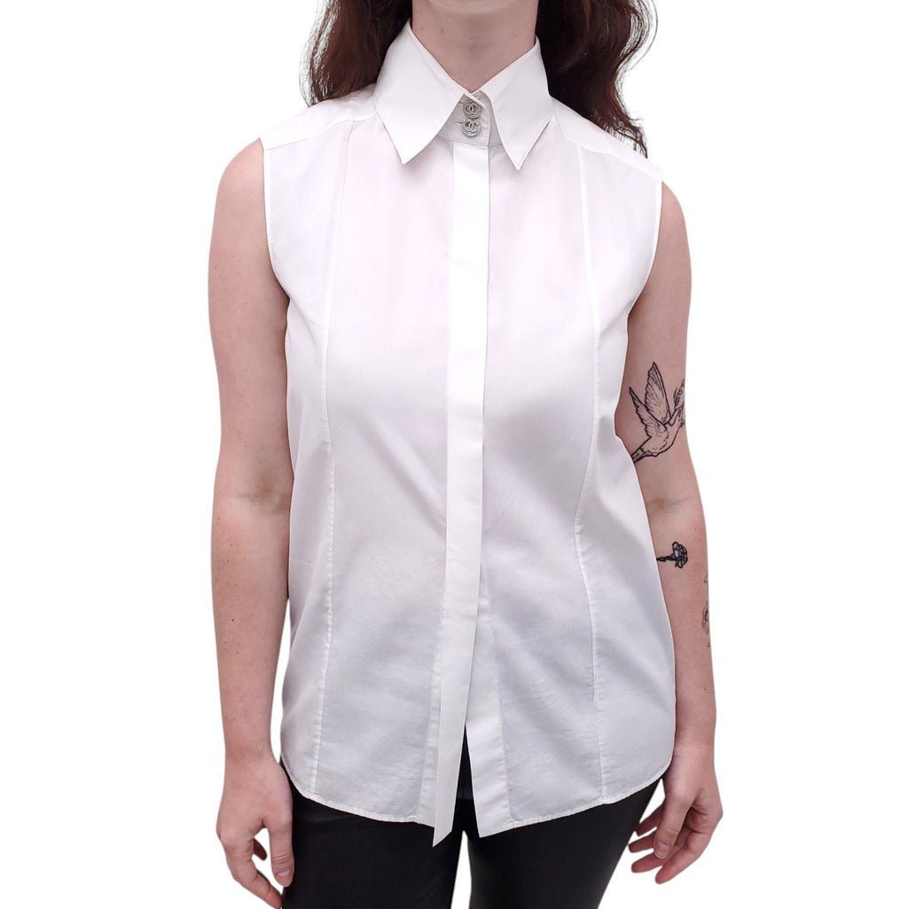 CHANEL WHITE COTTON TUXEDO SHIRT TOP - SIZE 34