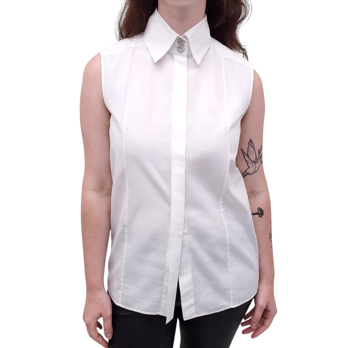 CHANEL WHITE COTTON TUXEDO SHIRT TOP - SIZE 34