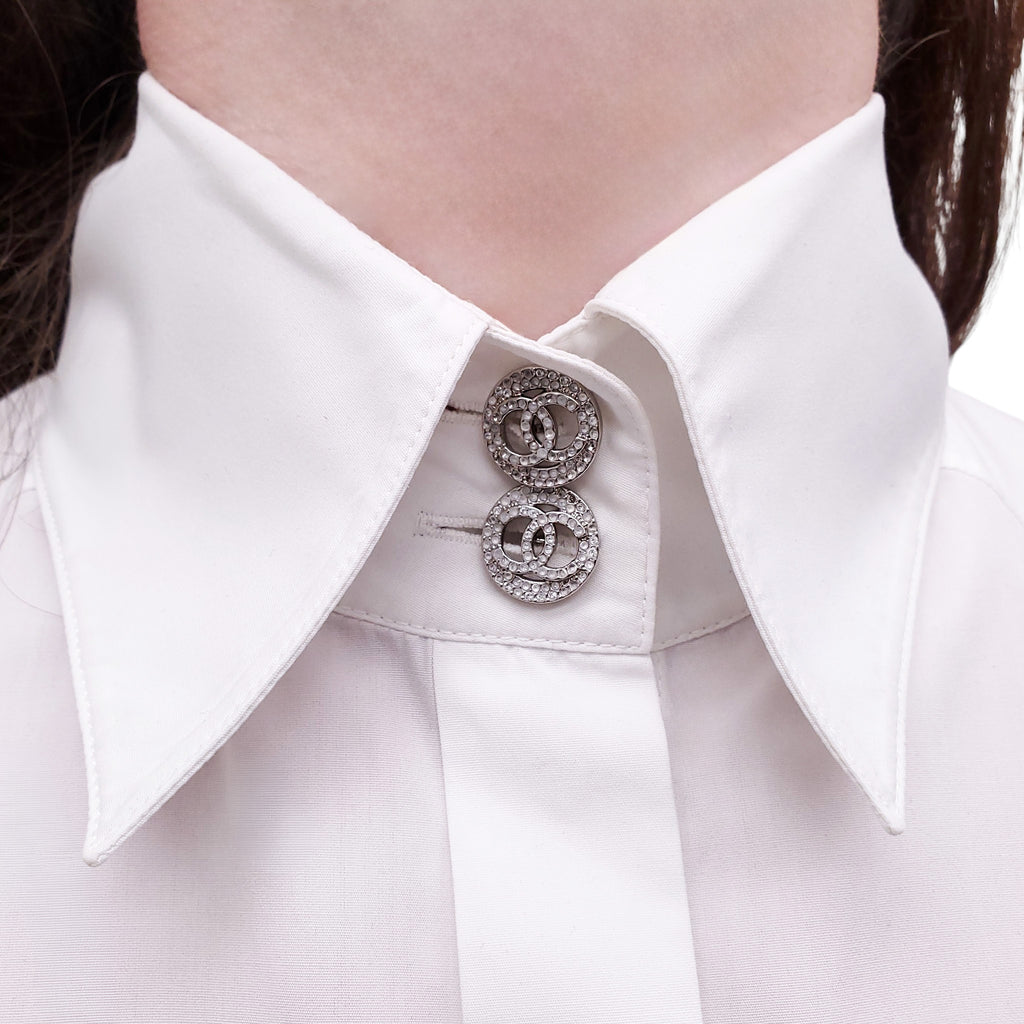 CHANEL WHITE COTTON TUXEDO SHIRT TOP - SIZE 34