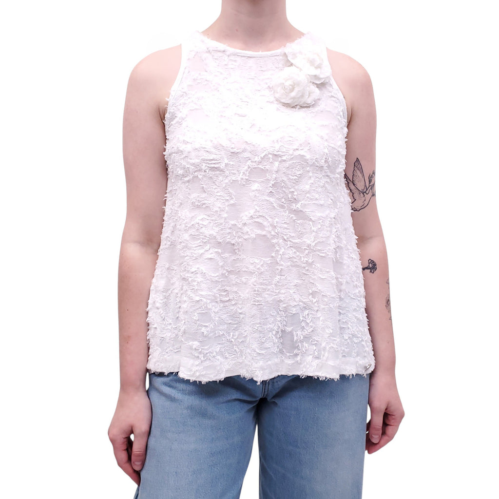 CHANEL WHITE FLORAL APPLIQUE TUNIC TOP WITH LOGO  - SIZE 34