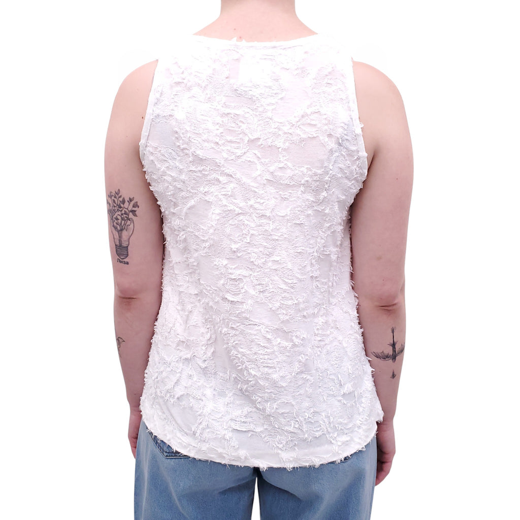 CHANEL WHITE FLORAL APPLIQUE TUNIC TOP WITH LOGO  - SIZE 34