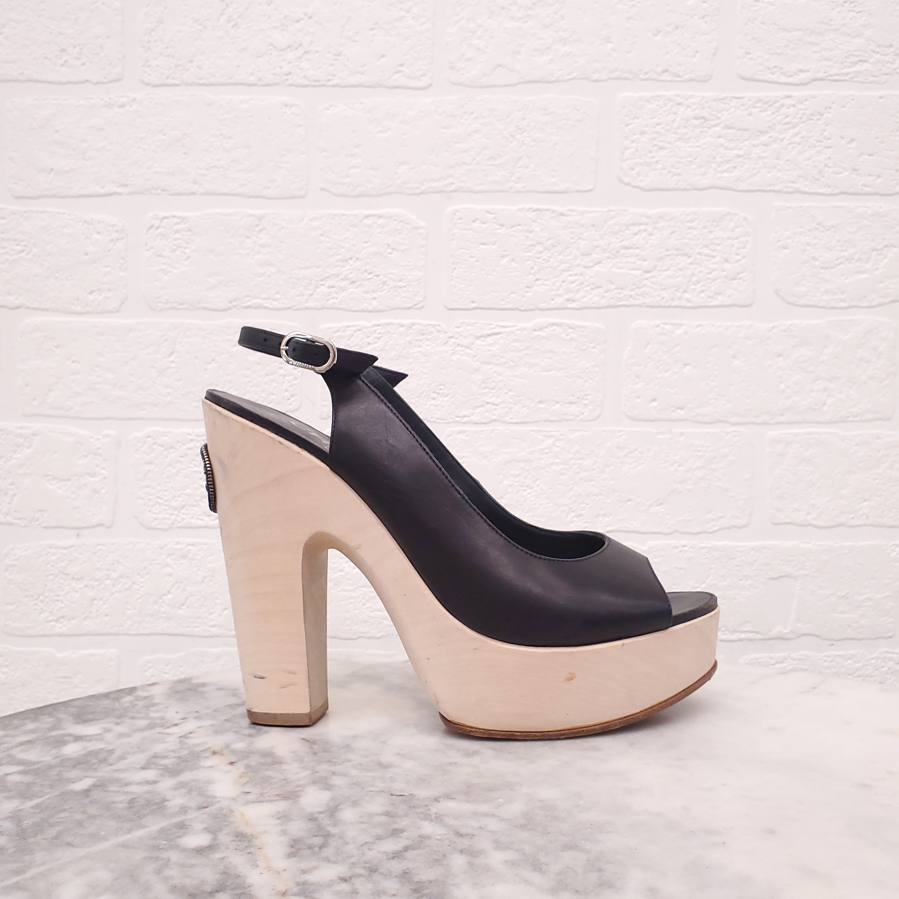 CHANEL WOOD LOGO HEELS - SIZE 38