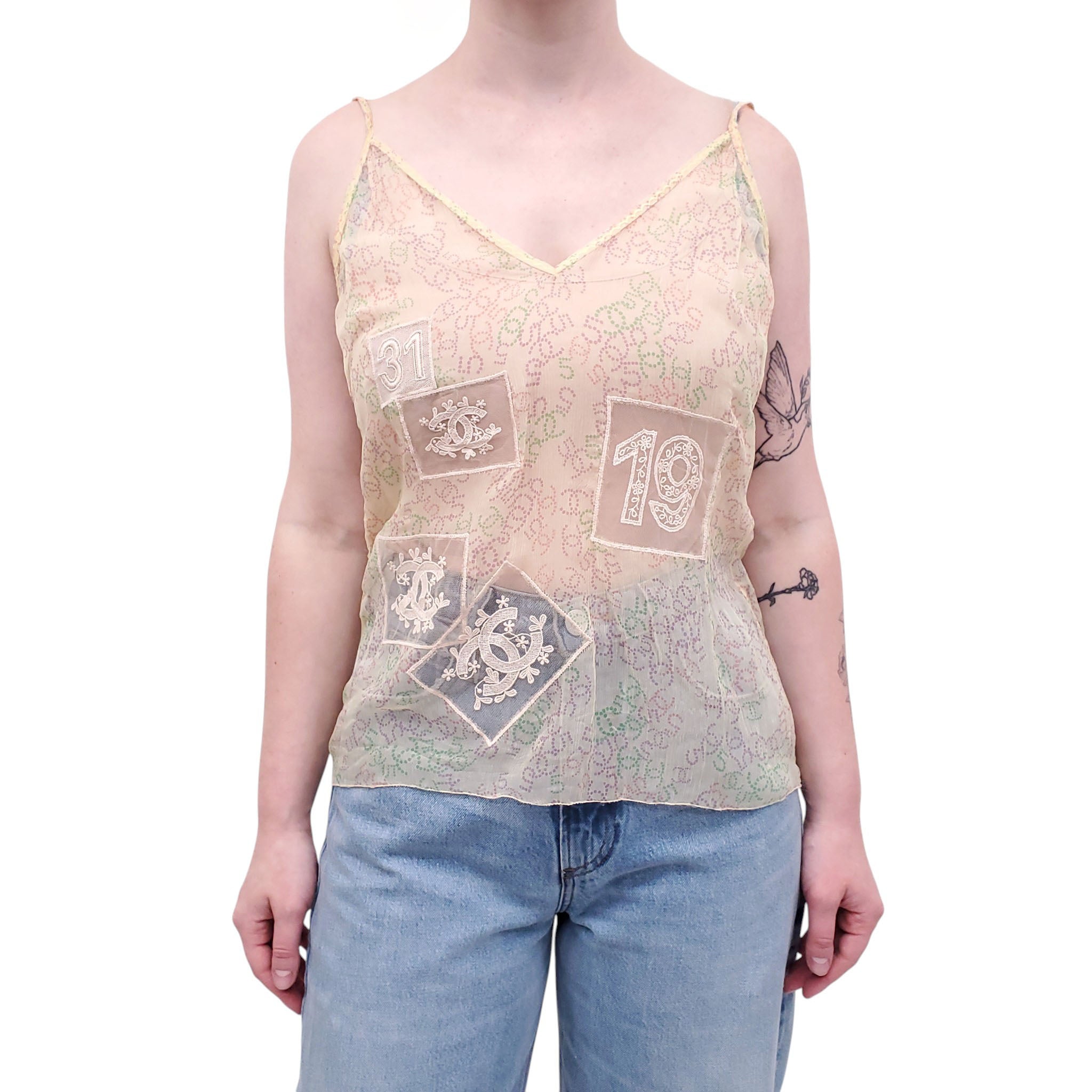 CHANEL YELLOW SILK CAMISOLE WITH LOGO AND LACE - SIZE 42