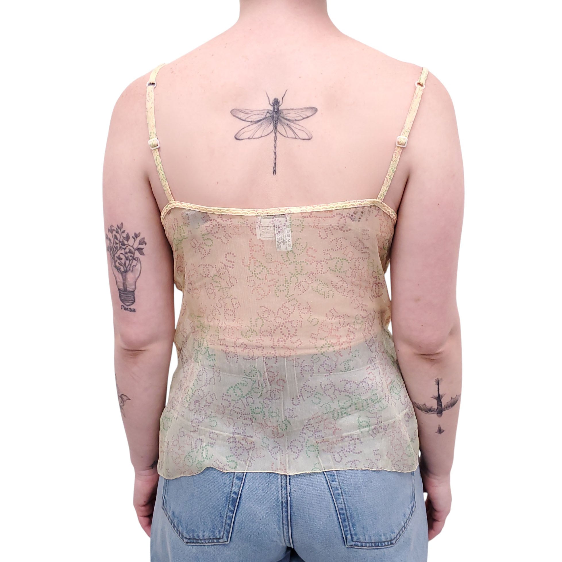 CHANEL YELLOW SILK CAMISOLE WITH LOGO AND LACE - SIZE 42