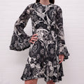 CHLOÉ BLACK AND WHITE SILK AND COTTON PRINTED BELL SLEEVE DRESS - SIZE 36