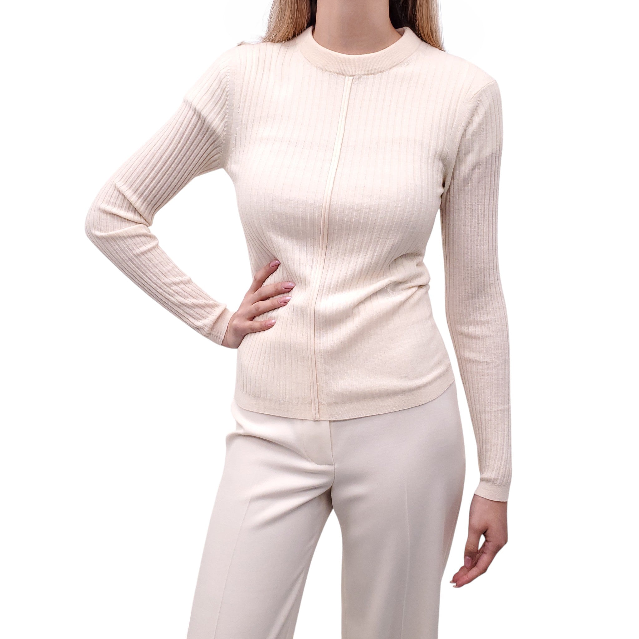 CHLOÉ CREAM RIBBED SWEATER WITH LOGO - SIZE S