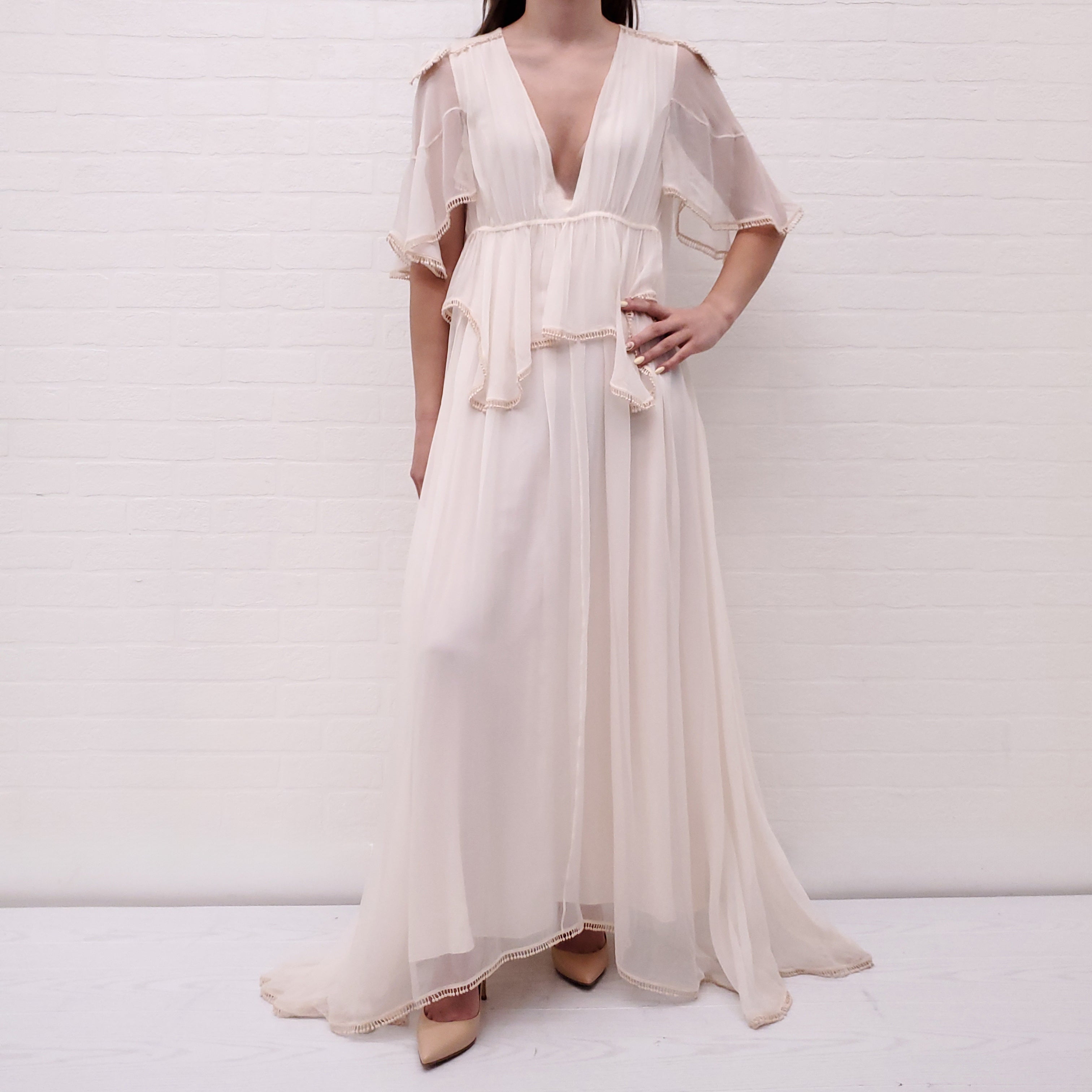 CHLOÉ CREAM SILK EMBROIDERED MAXI DRESS - SIZE 34