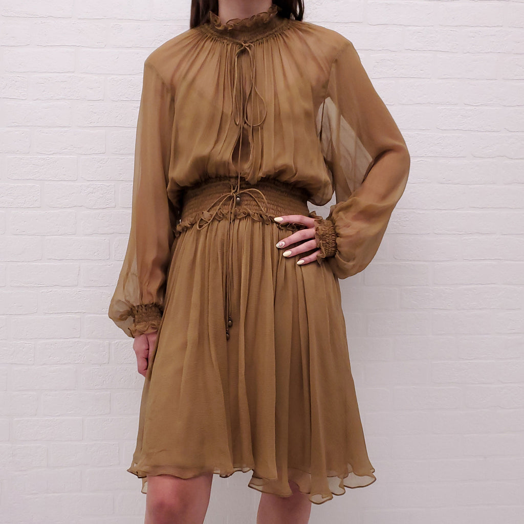 CHLOÉ KHAKI SILK SMOCKED DRESS - SIZE 38