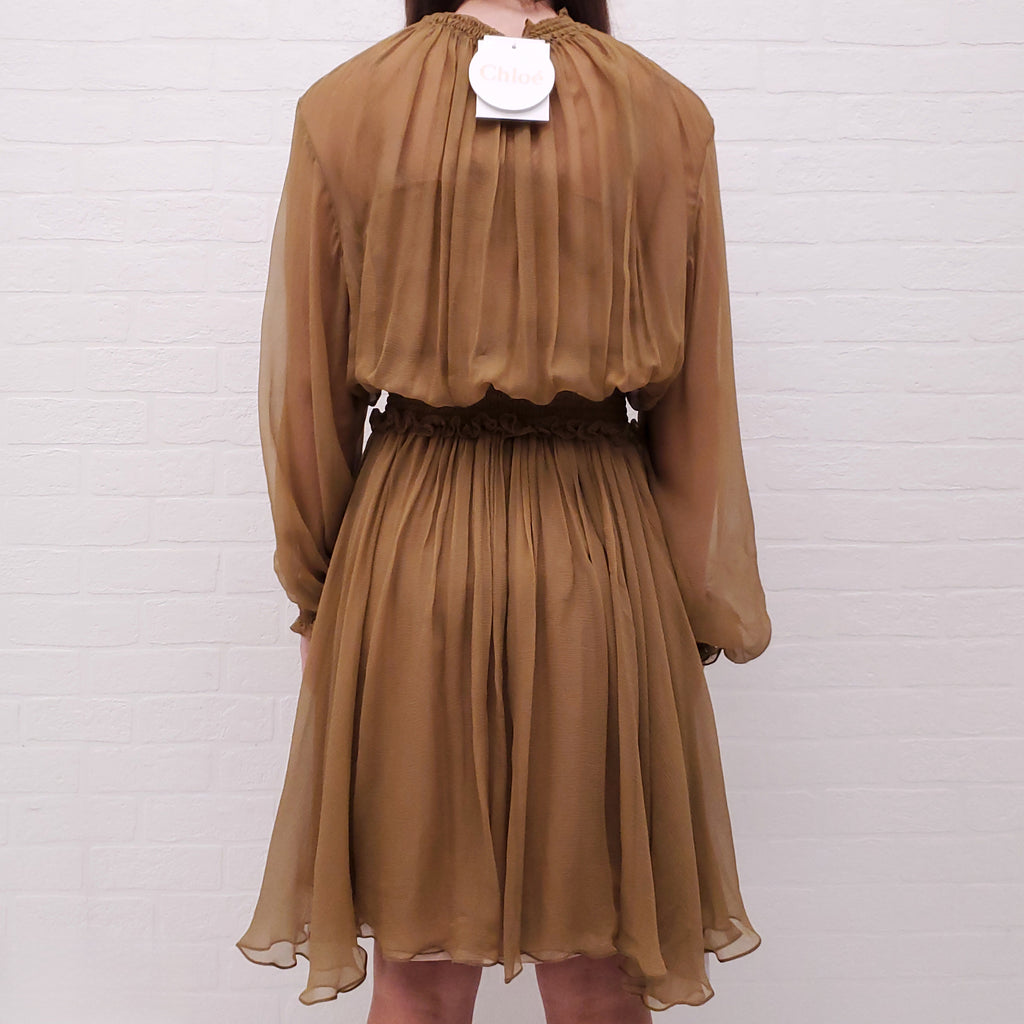 CHLOÉ KHAKI SILK SMOCKED DRESS - SIZE 38