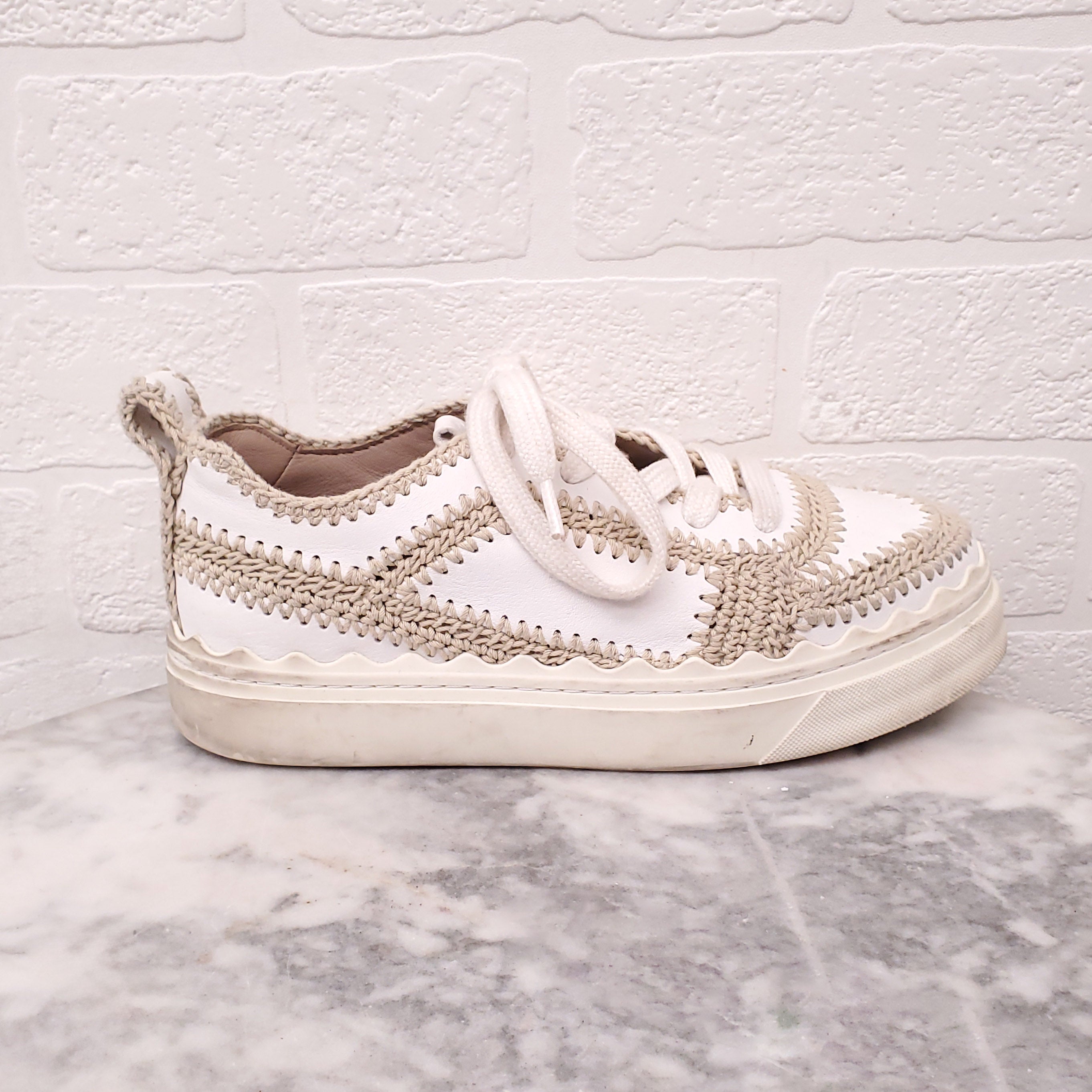 CHLOÉ LAUREN WHITE CROCHET LEATHER PLATFORM SNEAKERS - SIZE 36