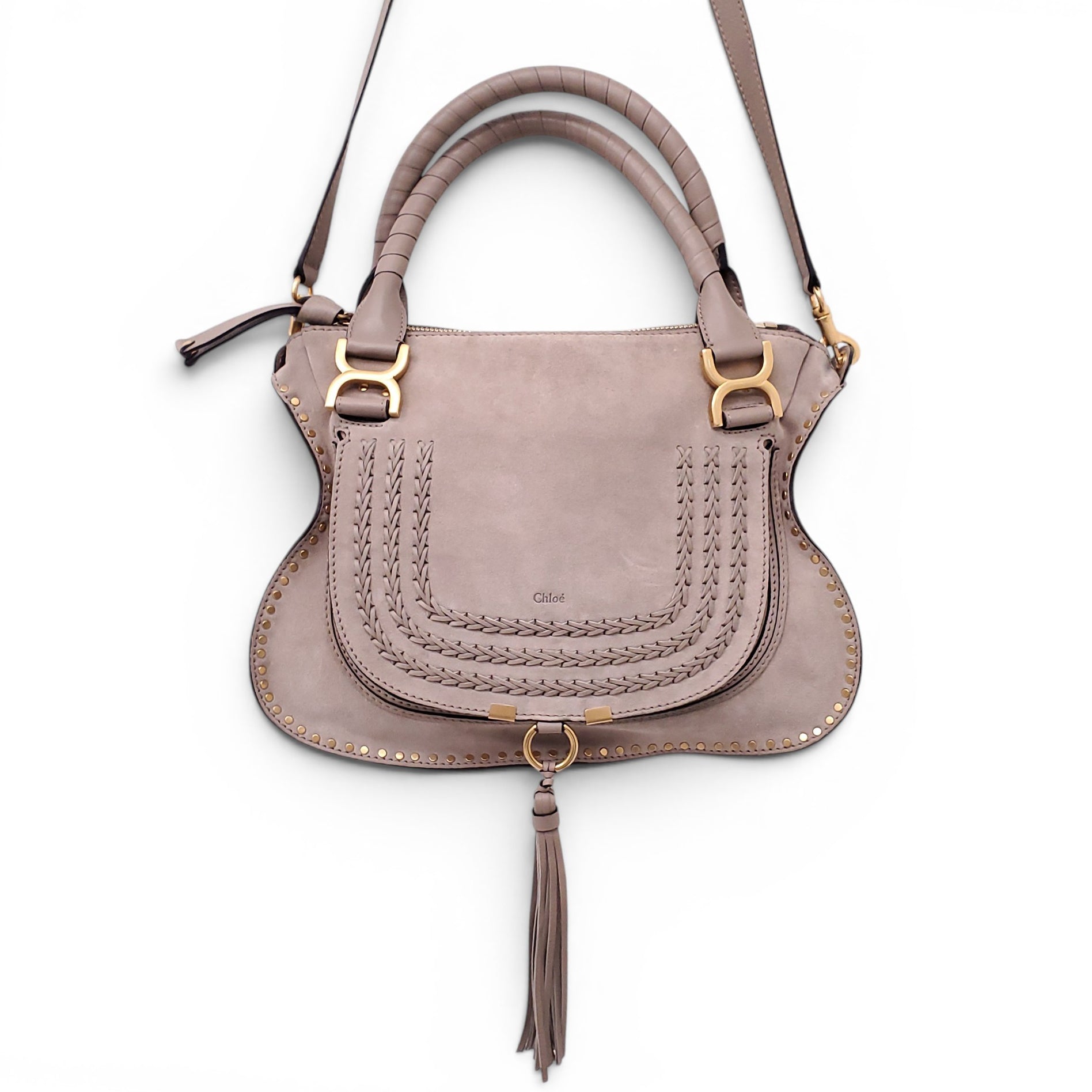 CHLOÉ TAUPE SUEDE STUDDED MARCIE BAG