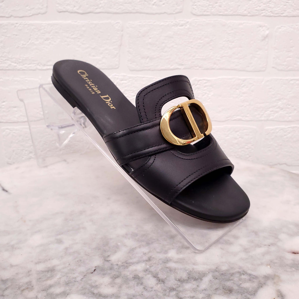 CHRISTIAN DIOR BLACK CD LEATHER SLIDES - SIZE 35