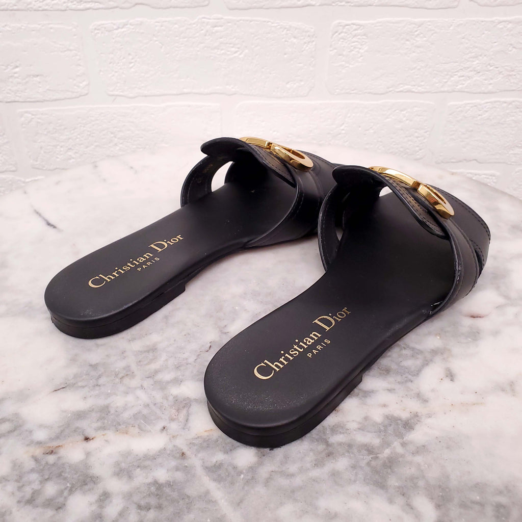 CHRISTIAN DIOR BLACK CD LEATHER SLIDES - SIZE 35