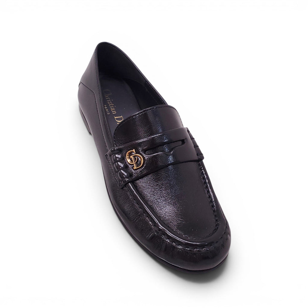 CHRISTIAN DIOR BLACK PATENT CD LOGO LOAFERS - SIZE 35.5