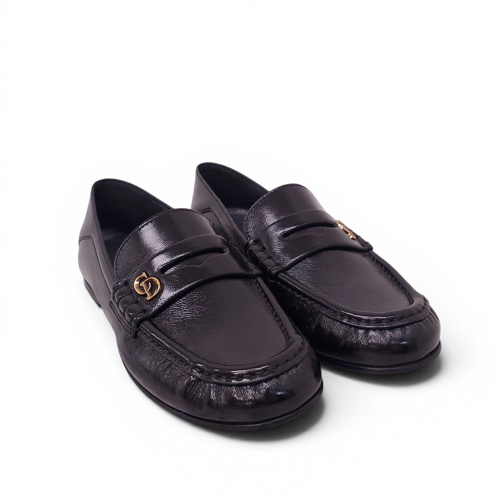 CHRISTIAN DIOR BLACK PATENT CD LOGO LOAFERS - SIZE 35.5