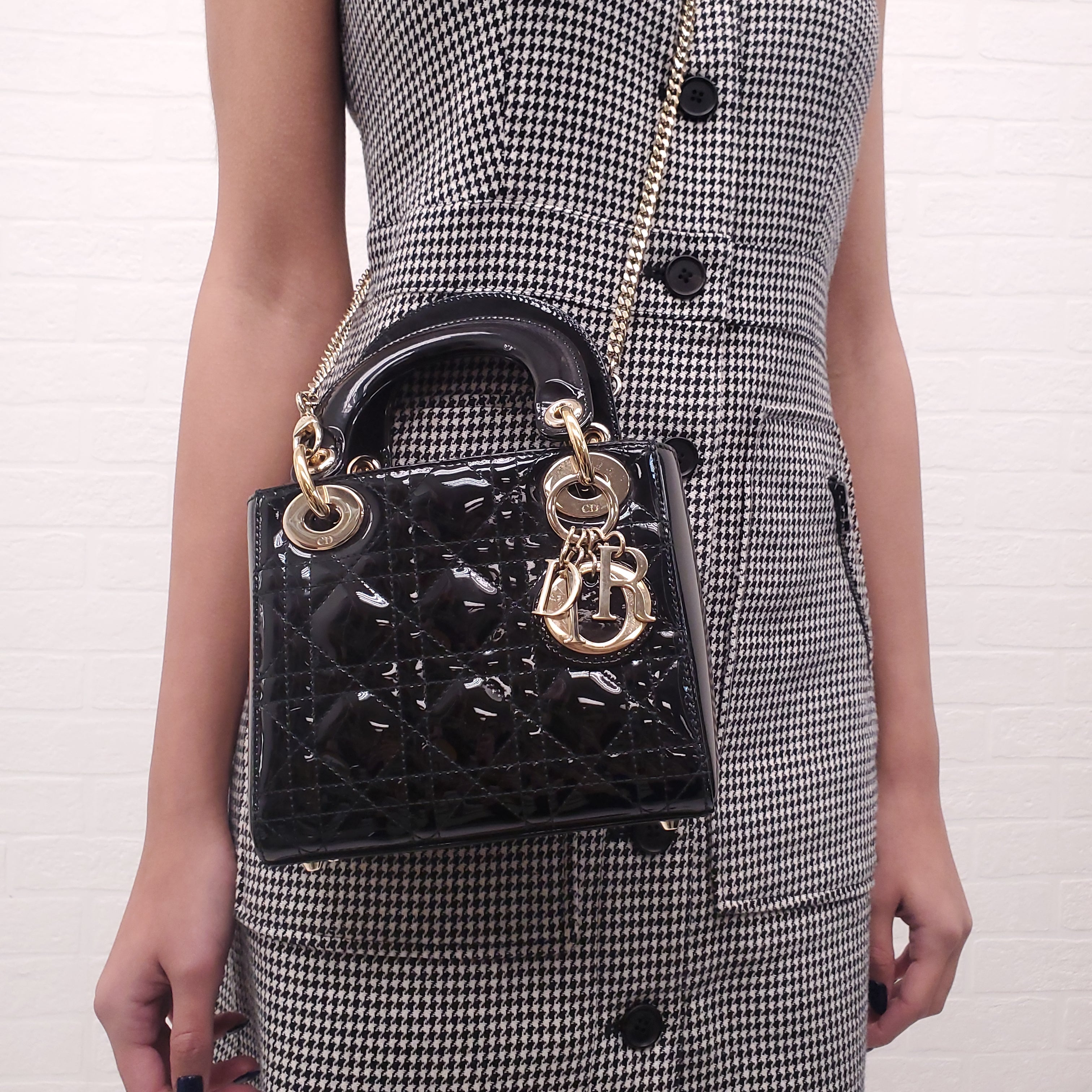 CHRISTIAN DIOR BLACK PATENT 'MINI LADY DIOR' BAG