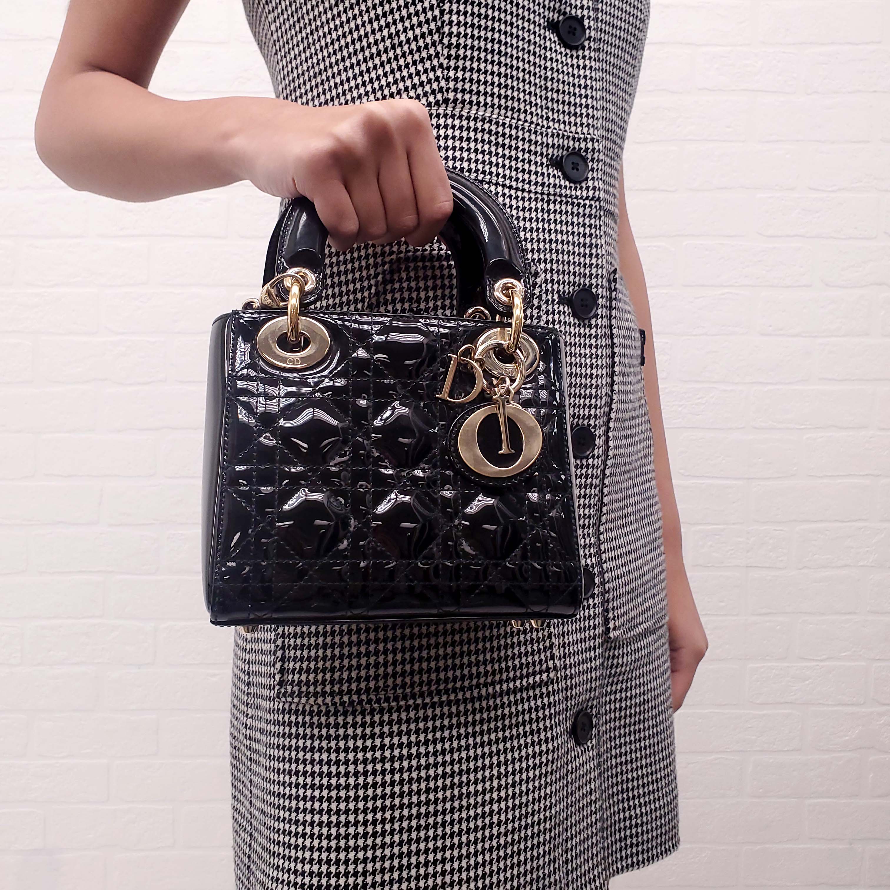 CHRISTIAN DIOR BLACK PATENT 'MINI LADY DIOR' BAG