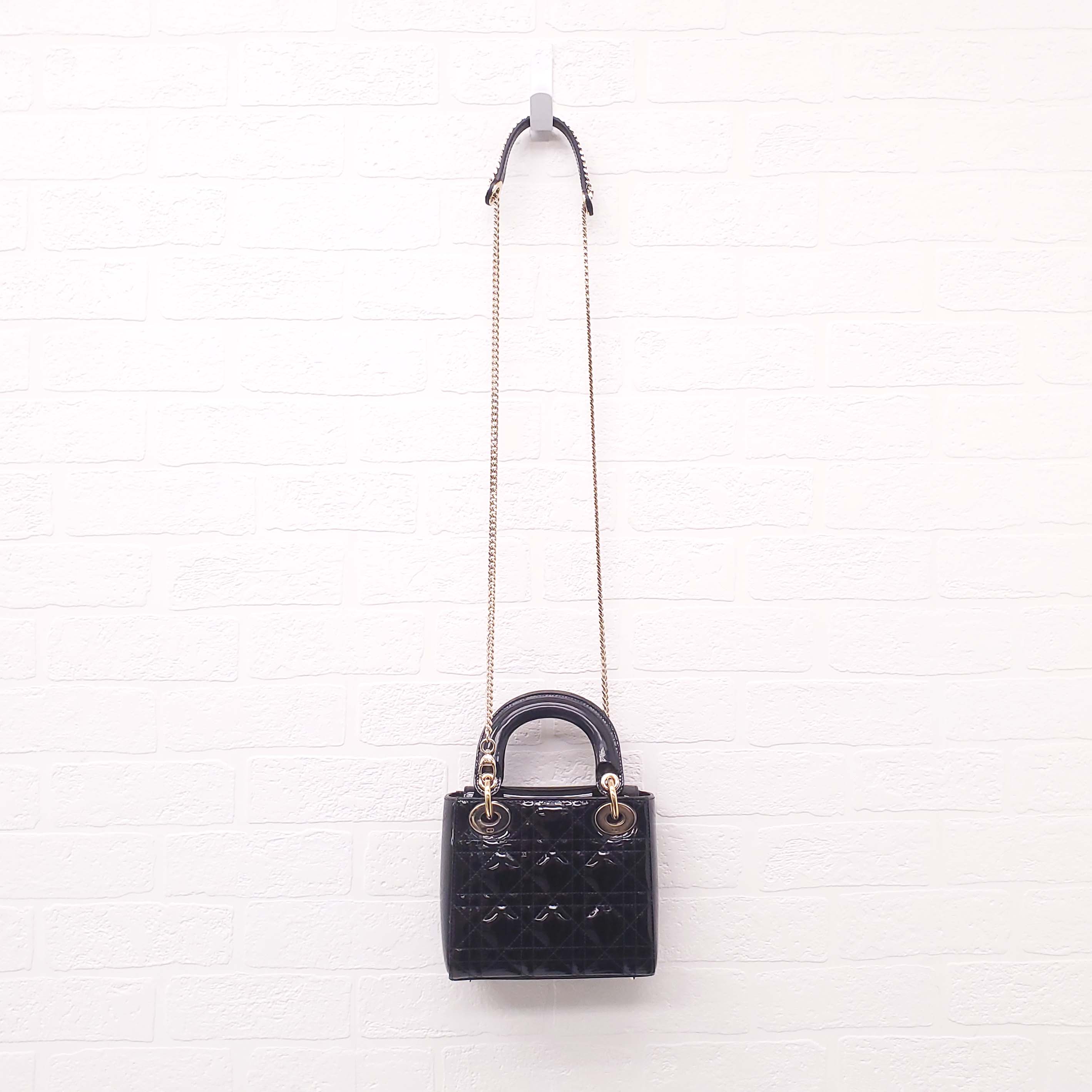 CHRISTIAN DIOR BLACK PATENT 'MINI LADY DIOR' BAG