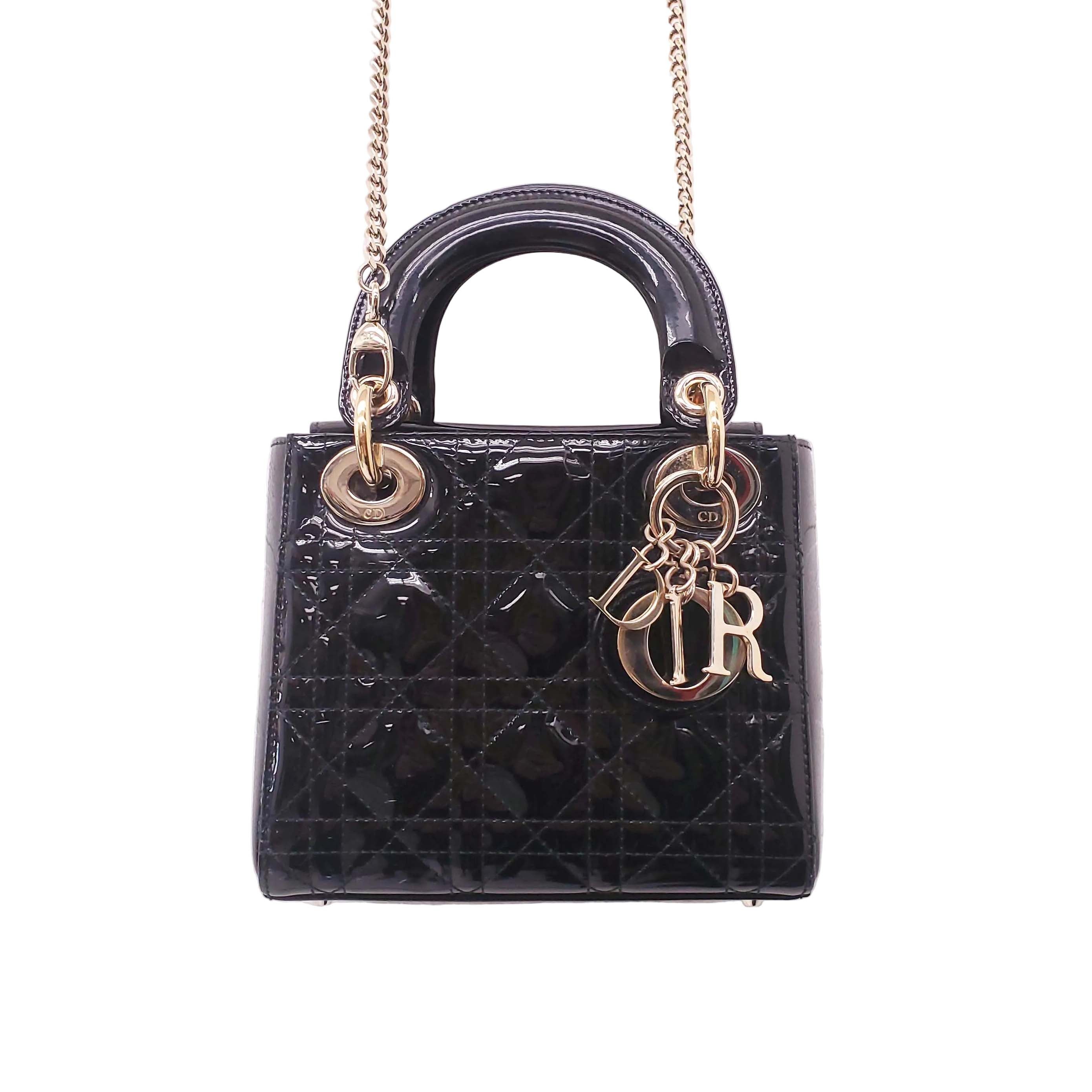 CHRISTIAN DIOR BLACK PATENT 'MINI LADY DIOR' BAG
