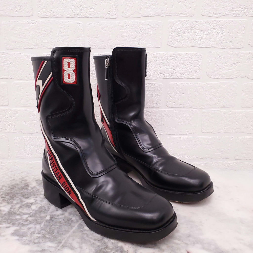 CHRISTIAN DIOR BLACK 'DIORALLY' LEATHER MOTO BOOTS - SIZE 37