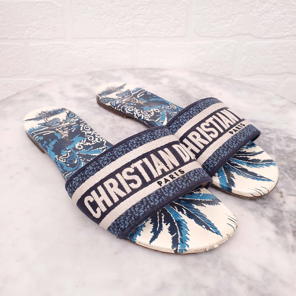 CHRISTIAN DIOR BLUE PATTERNED SLIDES - SIZE 40