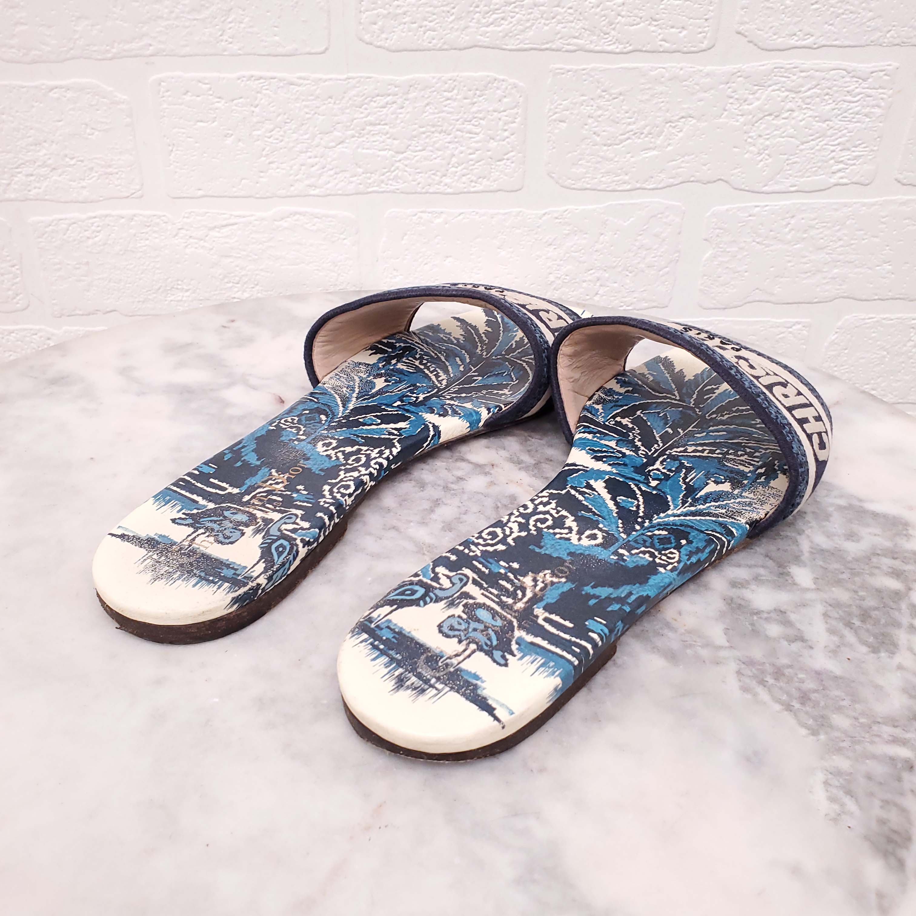 CHRISTIAN DIOR BLUE PATTERNED SLIDES - SIZE 40