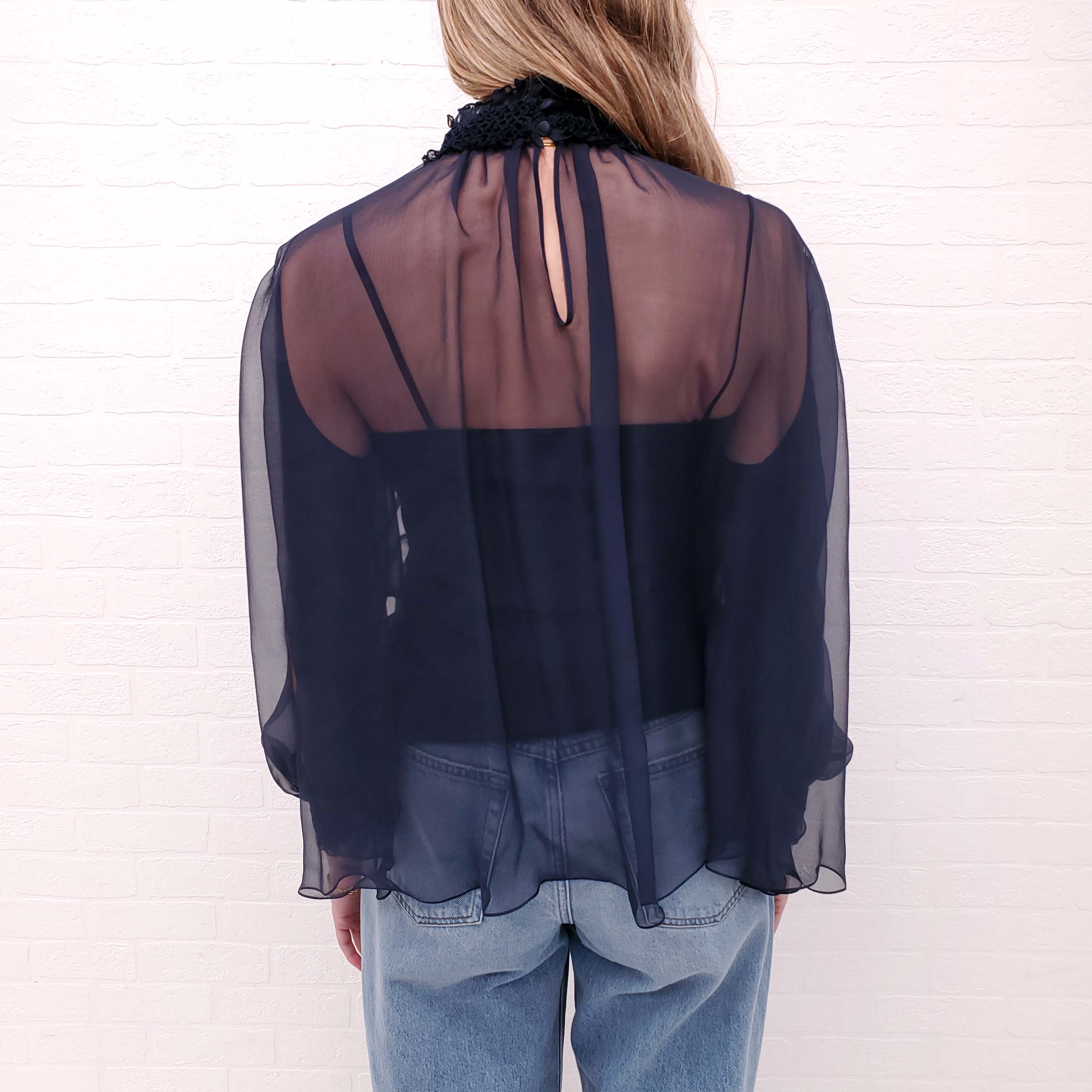 CHRISTIAN DIOR BLUE SILK BLOUSE WITH DETAILED COLLAR - SIZE 4