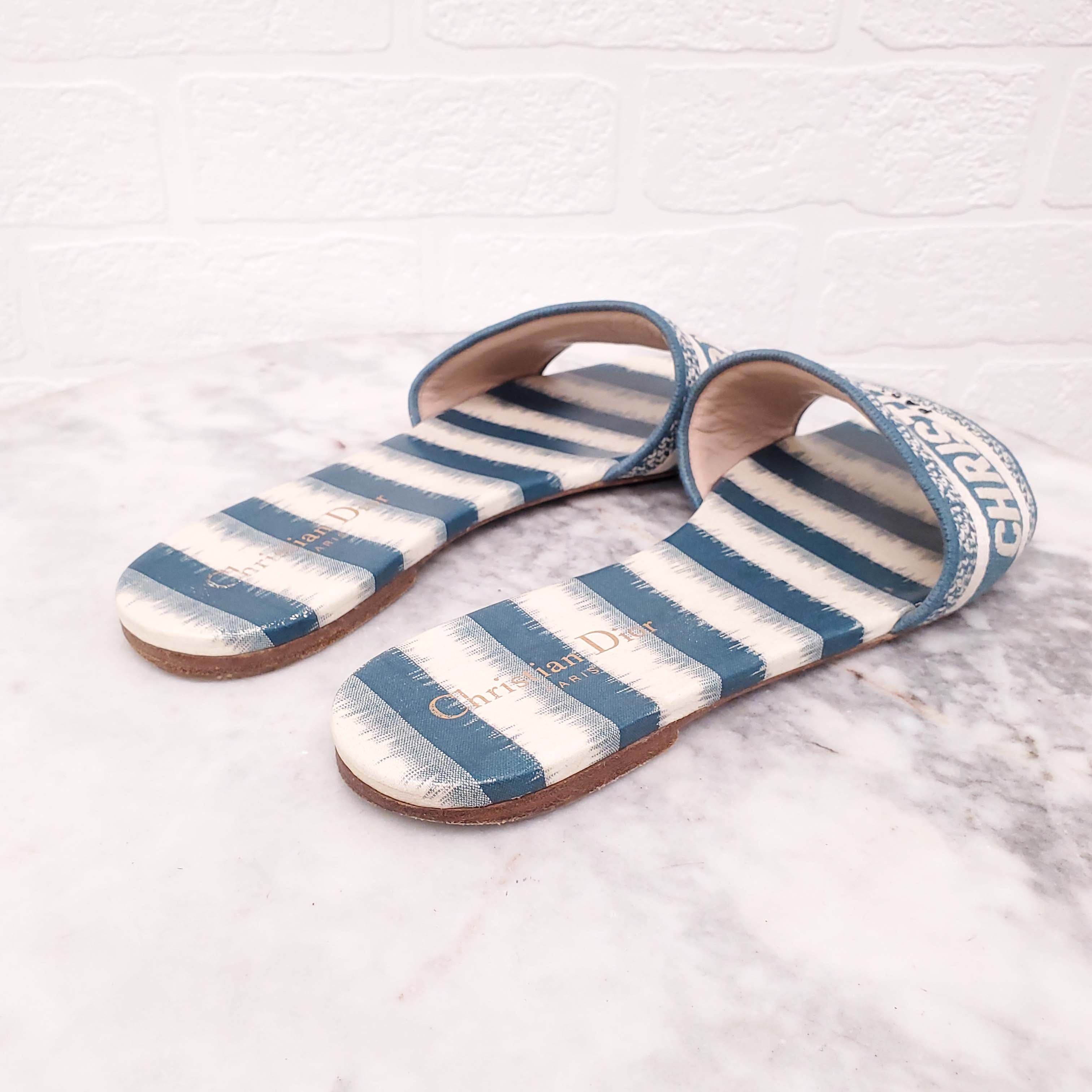 CHRISTIAN DIOR BLUE STRIPED SLIDES - SIZE 40