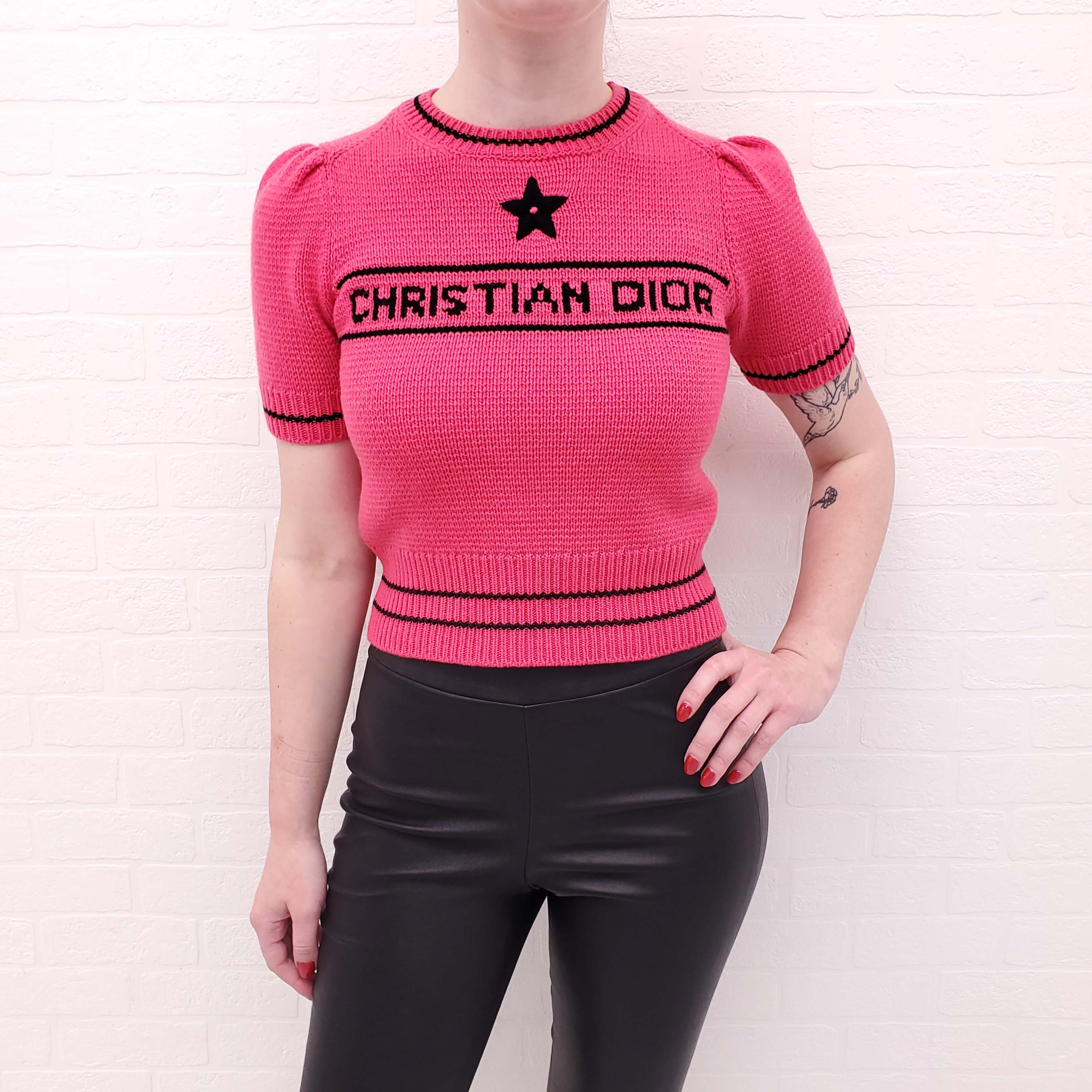 CHRISTIAN DIOR FUCHSIA PINK SHORT SLEEVE LOGO SWEATER - SIZE 2