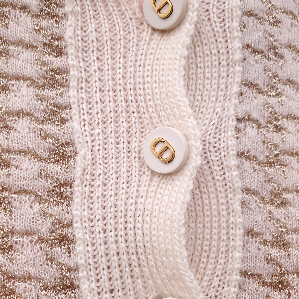 CHRISTIAN DIOR METALLIC SHORT-SLEEVE CASHMERE POLO SWEATER WITH LOGO BUTTONS - SIZE 2
