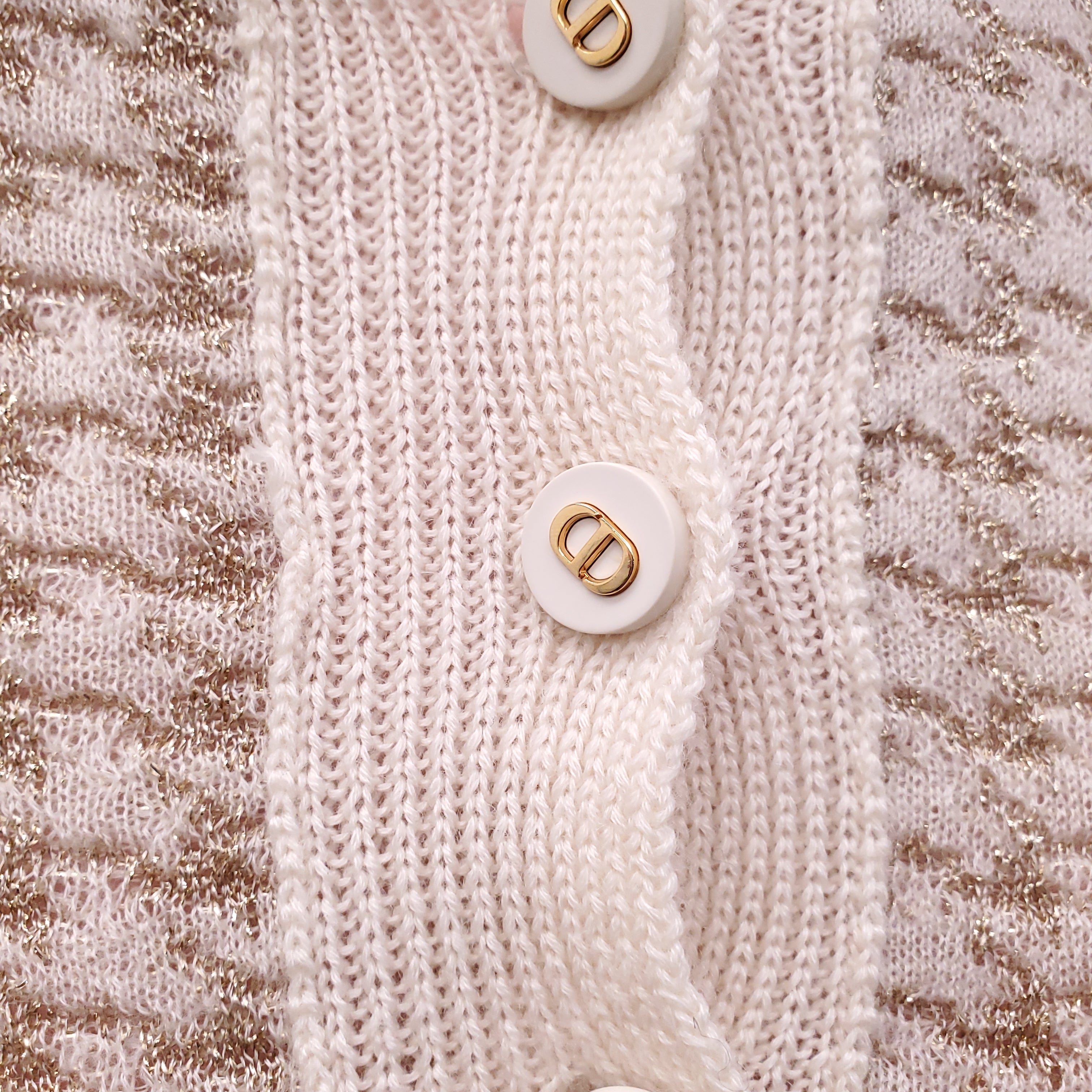 CHRISTIAN DIOR METALLIC SHORT-SLEEVE CASHMERE POLO SWEATER WITH LOGO BUTTONS - SIZE 2