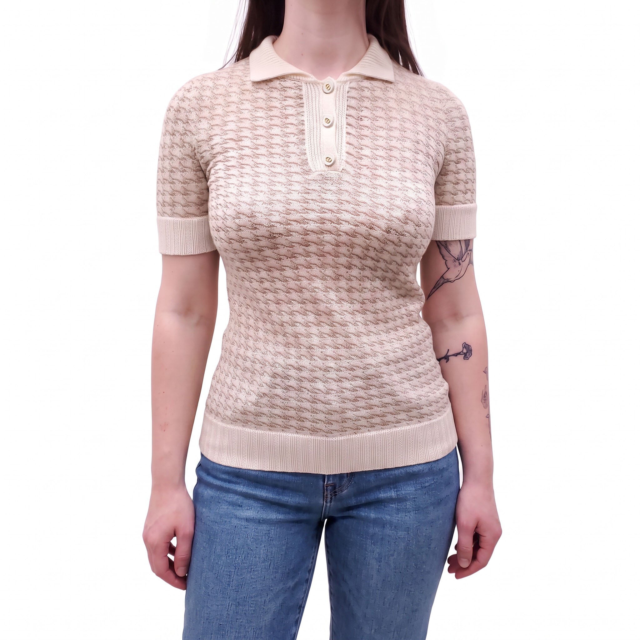 CHRISTIAN DIOR METALLIC SHORT-SLEEVE CASHMERE POLO SWEATER WITH LOGO BUTTONS - SIZE 2
