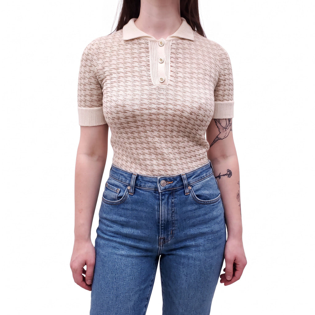 CHRISTIAN DIOR METALLIC SHORT-SLEEVE CASHMERE POLO SWEATER WITH LOGO BUTTONS - SIZE 2