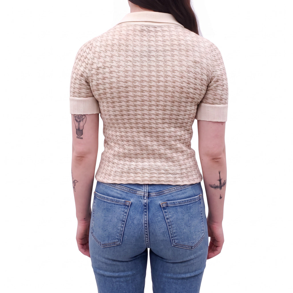 CHRISTIAN DIOR METALLIC SHORT-SLEEVE CASHMERE POLO SWEATER WITH LOGO BUTTONS - SIZE 2