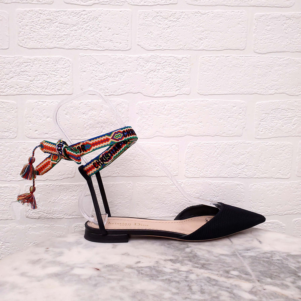 CHRISTIAN DIOR NAVY LOGO ANKLE WRAP FLATS - SIZE 36