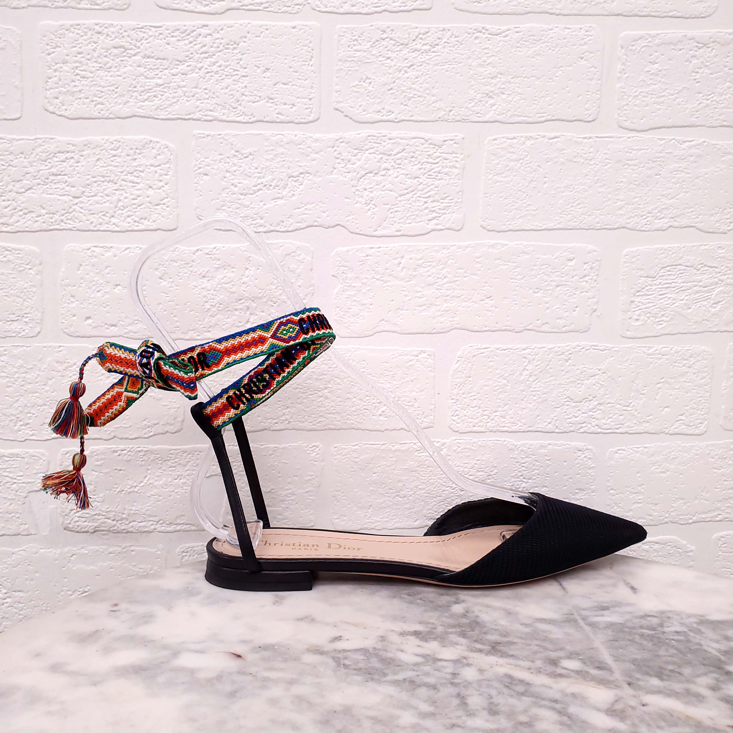 CHRISTIAN DIOR NAVY LOGO ANKLE WRAP FLATS - SIZE 36