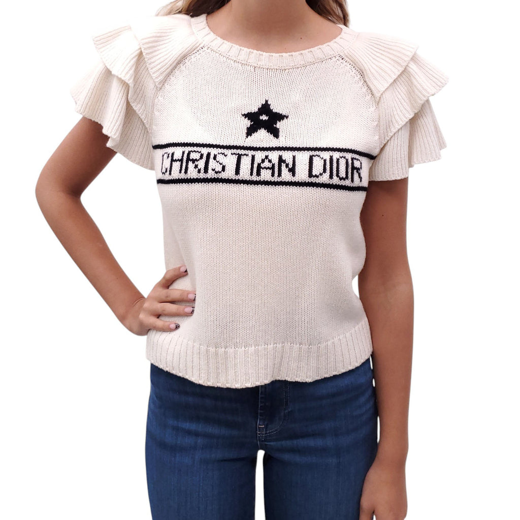 CHRISTIAN DIOR CREAM SHORT SLEEVE LOGO SWEATER WITH RUFFLE DETAIL - SIZE 6