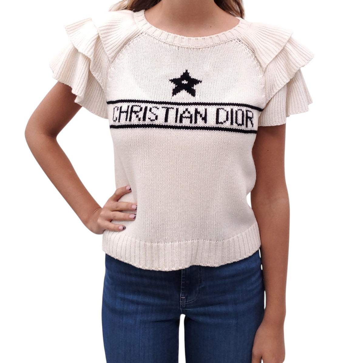 CHRISTIAN DIOR CREAM SHORT SLEEVE LOGO SWEATER WITH RUFFLE DETAIL - SIZE 6