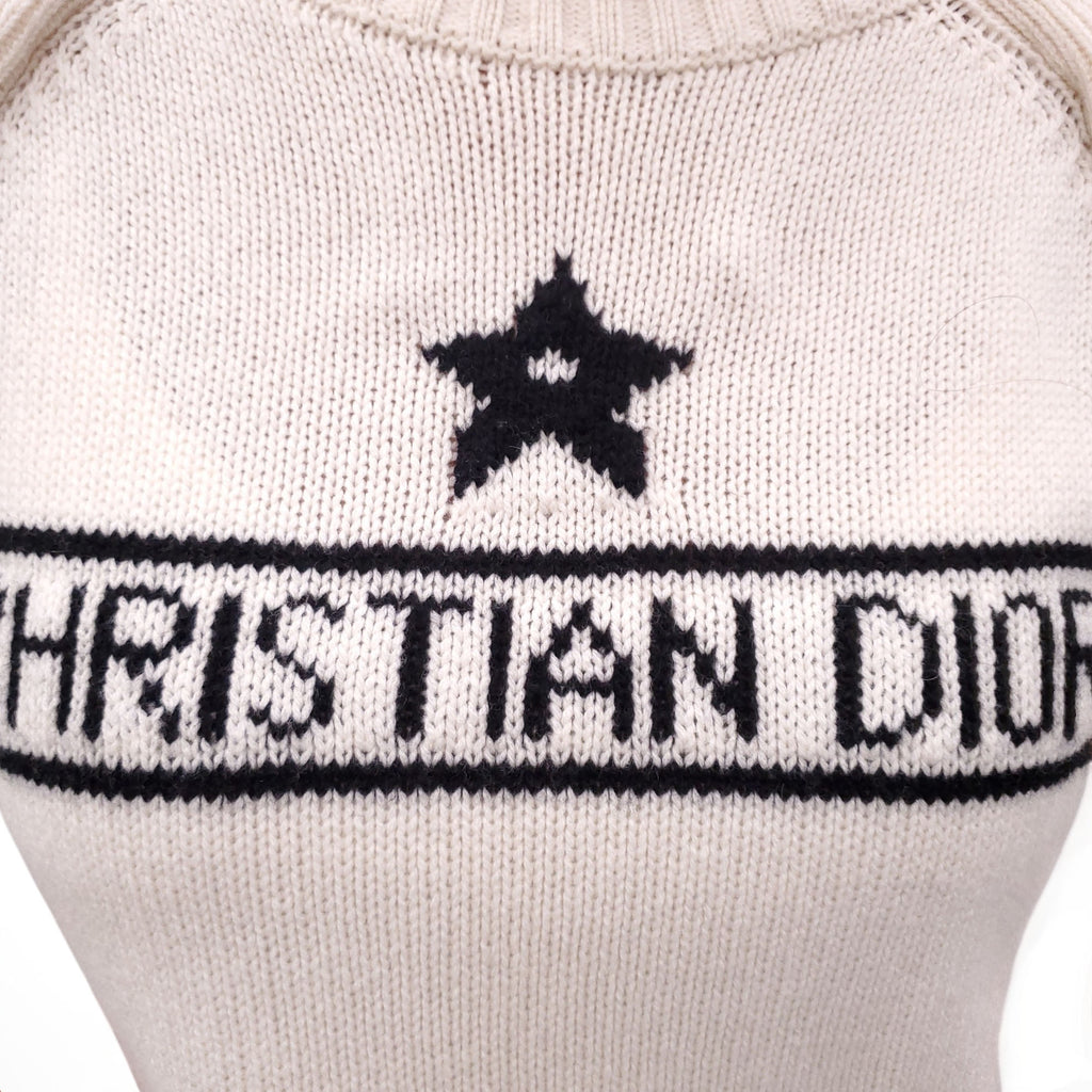 CHRISTIAN DIOR CREAM SHORT SLEEVE LOGO SWEATER WITH RUFFLE DETAIL - SIZE 6