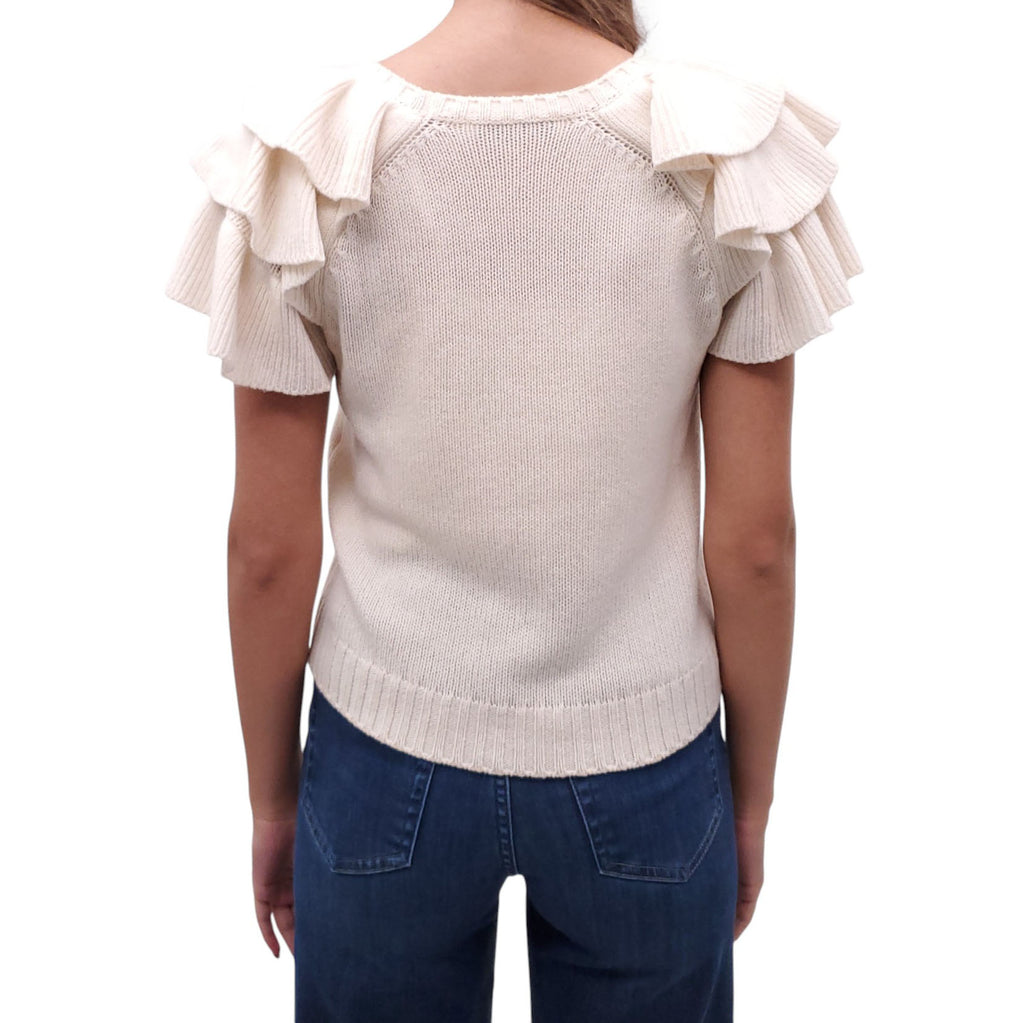 CHRISTIAN DIOR CREAM SHORT SLEEVE LOGO SWEATER WITH RUFFLE DETAIL - SIZE 6