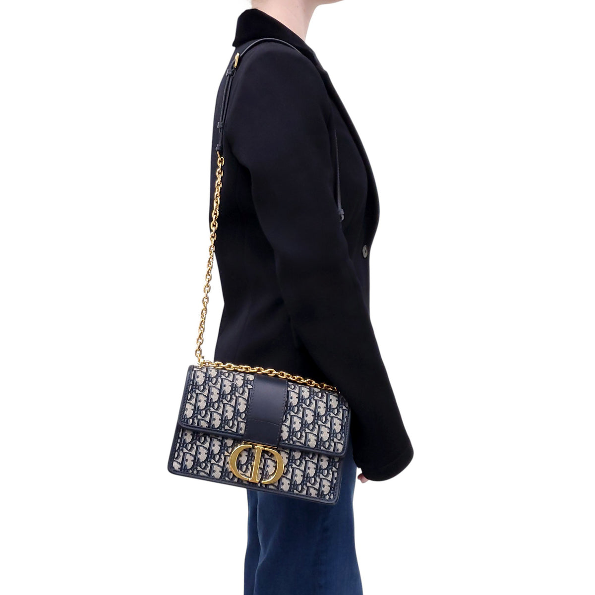 CHRISTIAN DIOR NAVY OBLIQUE '30 MONTAIGNE CHAIN' BAG