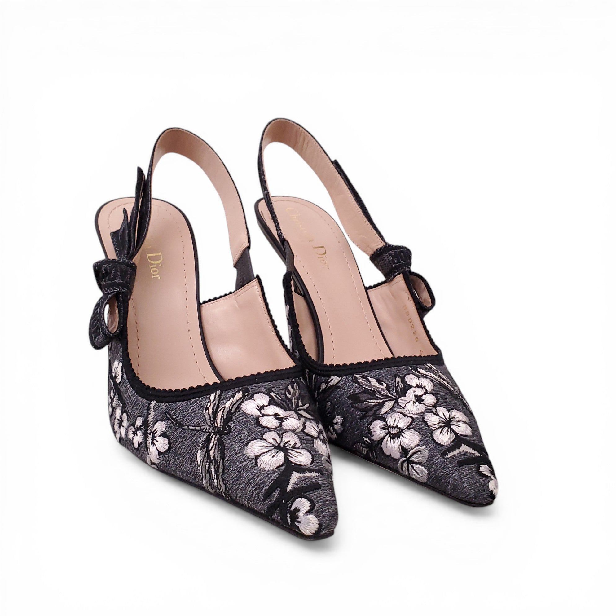 CHRISTIAN DIOR SILVER FLORAL EMBELLISHED SLINGBACK HEELS - SIZE 40