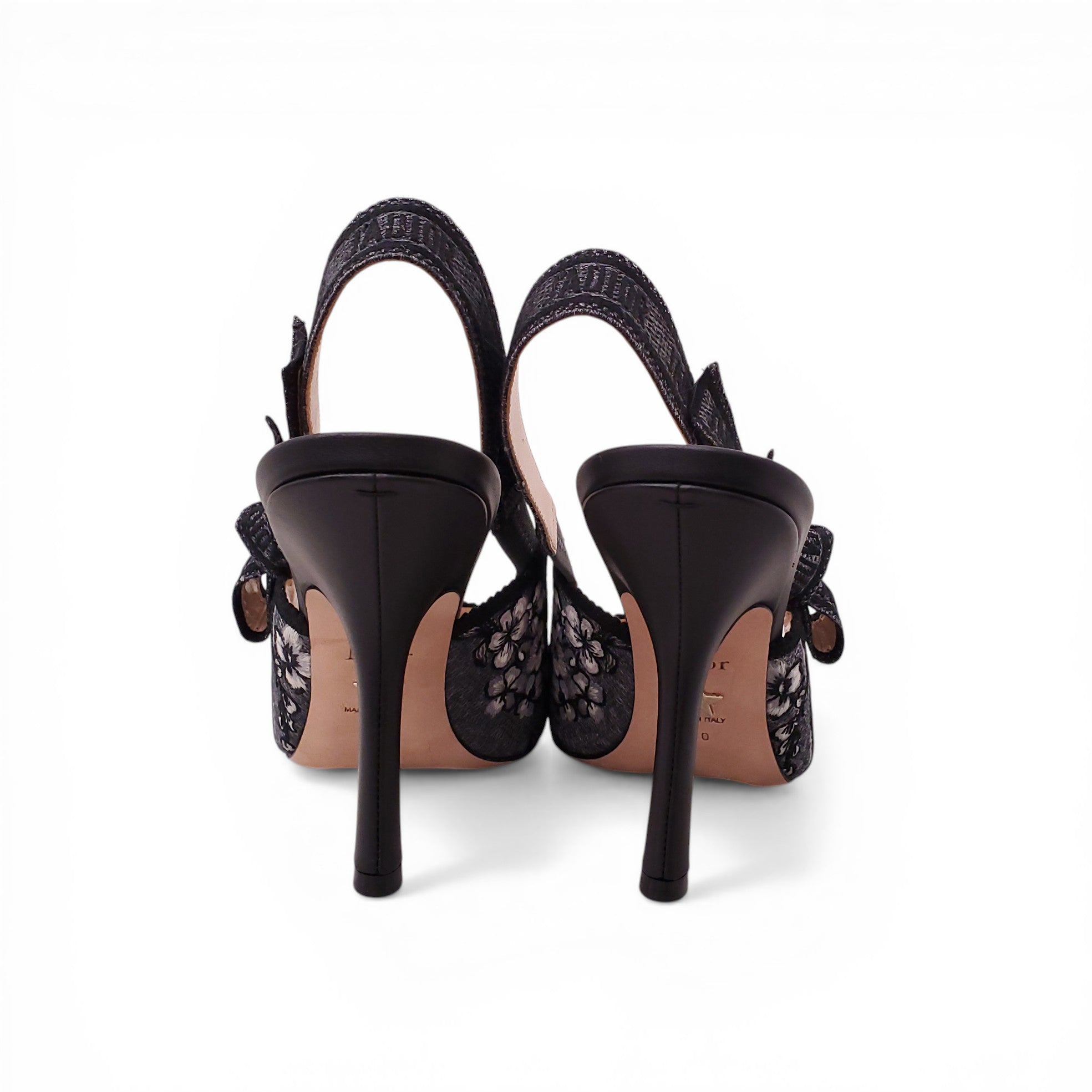 CHRISTIAN DIOR SILVER FLORAL EMBELLISHED SLINGBACK HEELS - SIZE 40