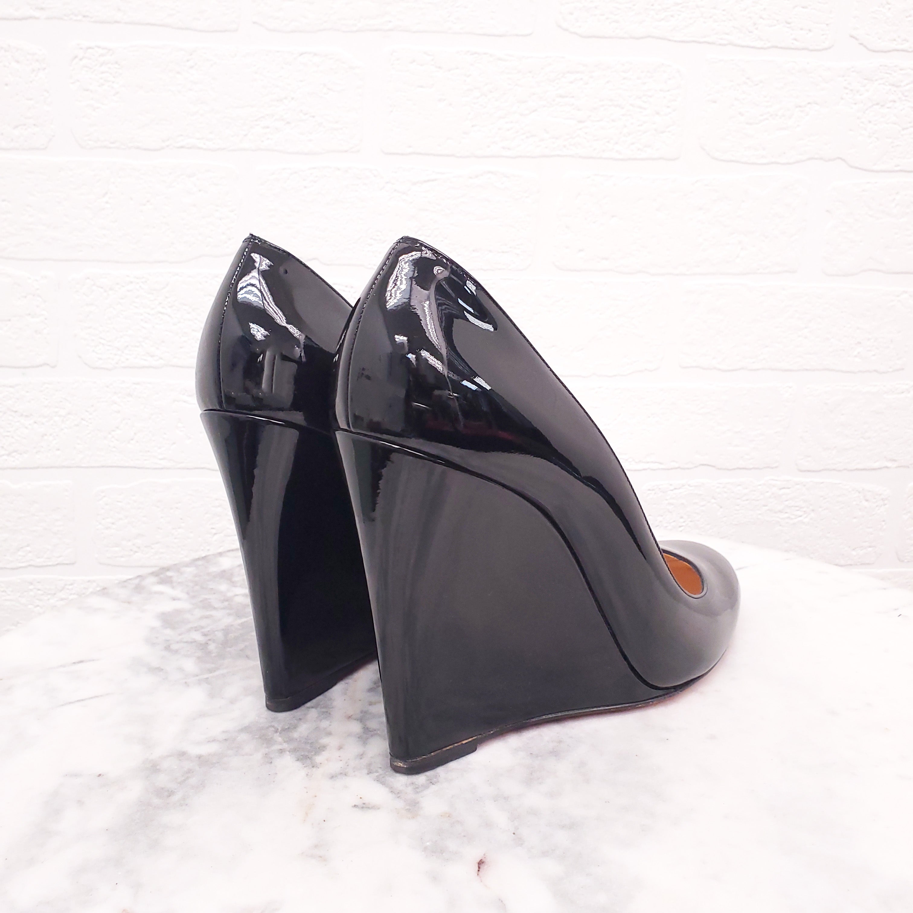 CHRISTIAN LOUBOUTIN BLACK PATENT WEDGES - SIZE 41