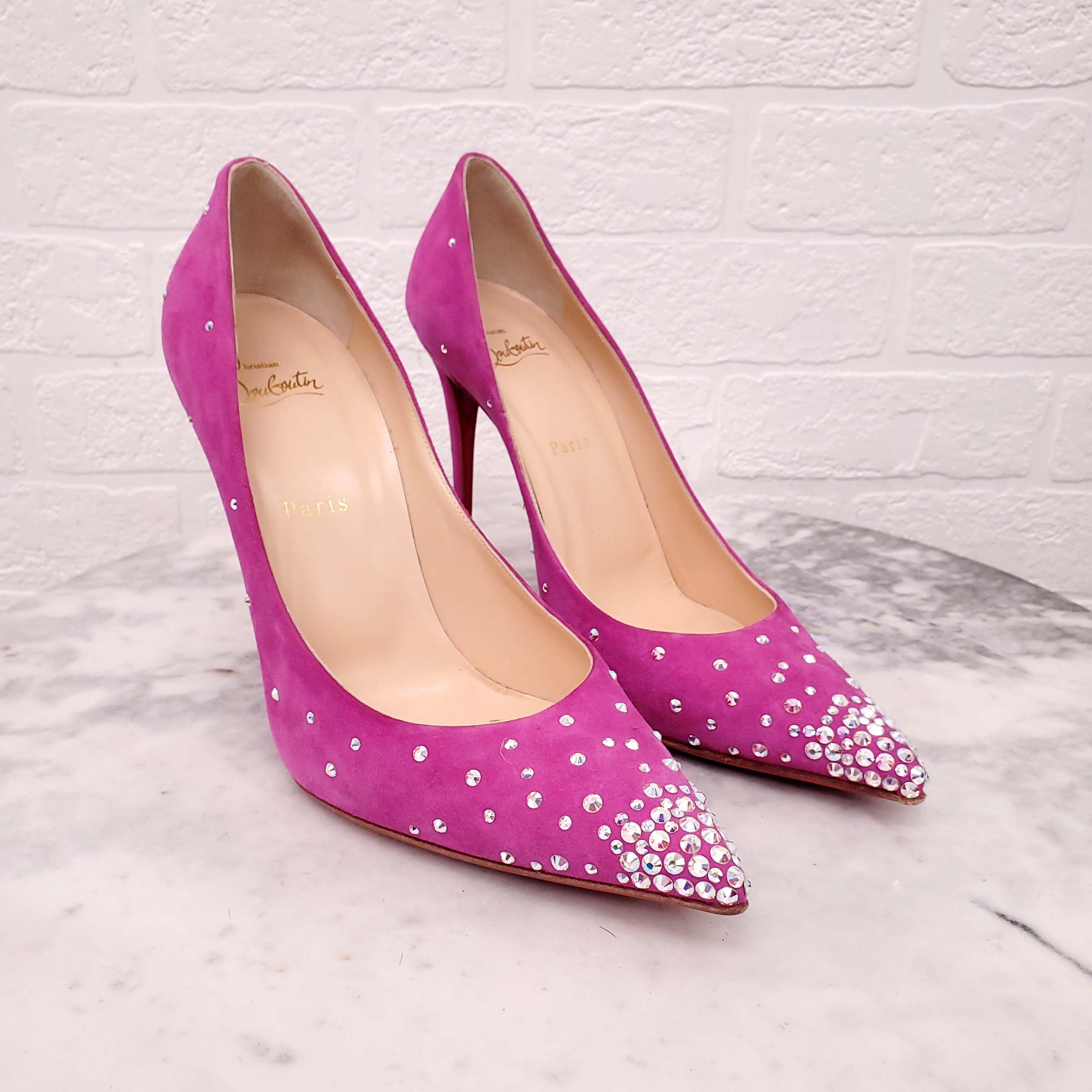 CHRISTIAN LOUBOUTIN DEGRASTRASS PINK SUEDE  PUMP WITH CRYSTAL DETAIL - SIZE 40.5