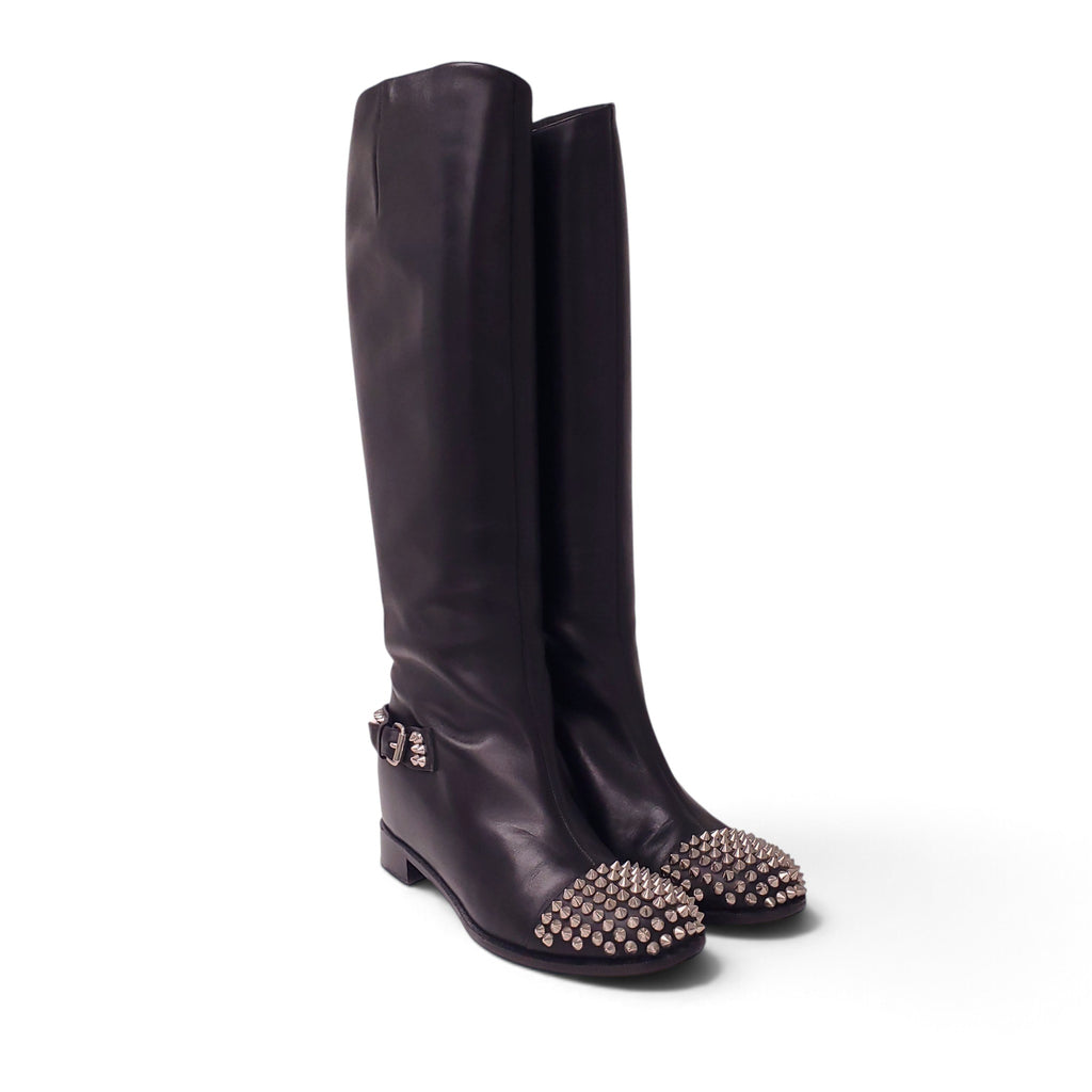 CHRISTIAN LOUBOUTIN LEATHER BLACK TALL BOOTS WITH ROCKSTUD DETAIL - SIZE 39